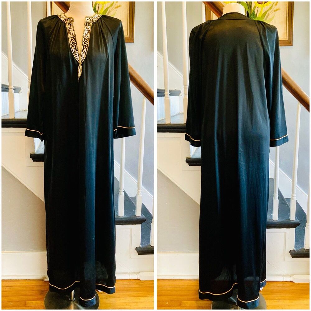 1970s 1960s Black Nylon Caftan Nightgown Dress Lounge Lingerie Witch Hippie Boho
